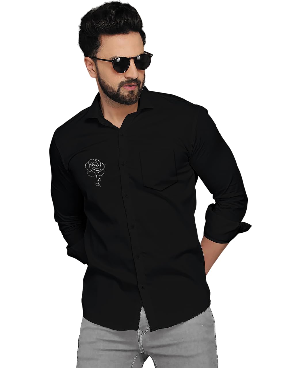RRL work shirts black size Ｍ Men's Regular Fit Self Rose Design Solid Spread Collar Full Sleeve